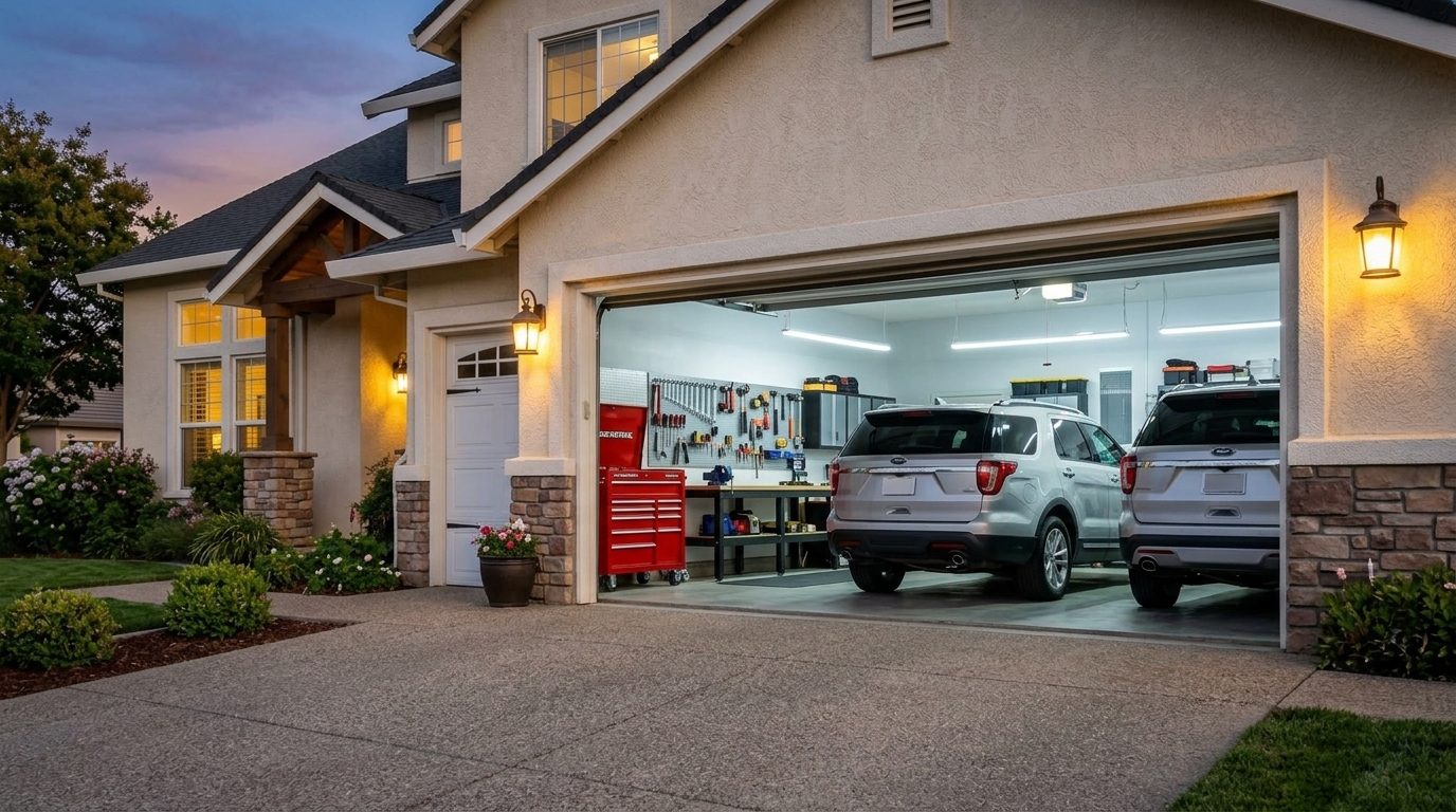 Bryant and Alexander Garage Door Repairs Garage Door Gliding Open Revealing Warm Illuminated Interior