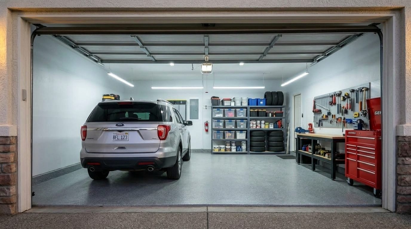 Bryant and Alexander Garage Door Repairs Interior View of Custom Garage Door Overhead and Workshop